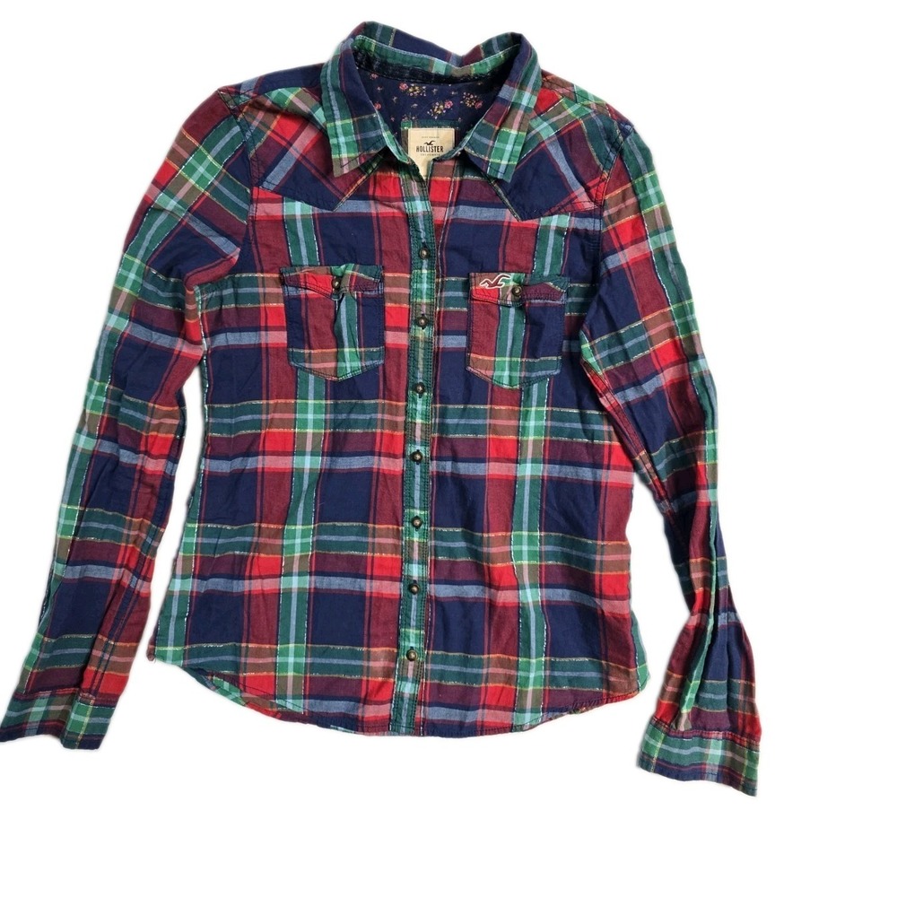 Hollister Womens Top L Blue Check Collared Long Sleeve 2 Button Up Y2K